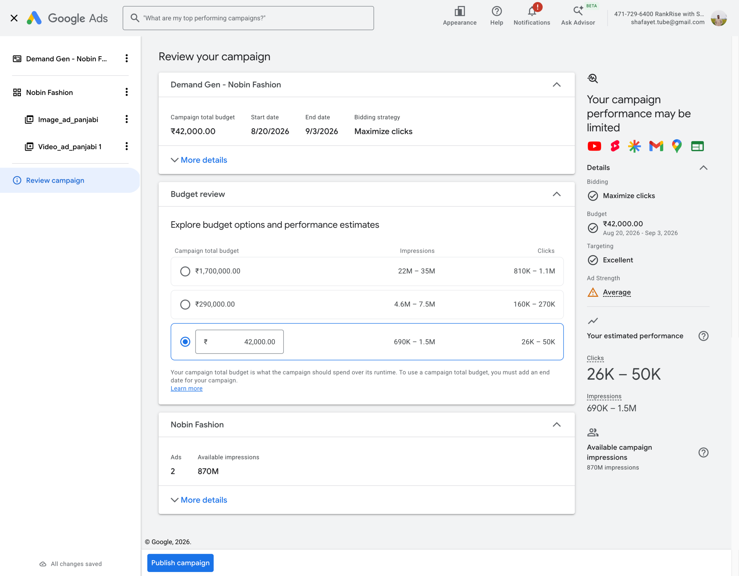 our-story Google Ads Demand Gen campaign performance dashboard managed by Shafayet for RankRise